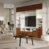 BESTÅ TV storage combination/glass doors, white Lappviken/walnut effect clear glass, 300x42x231 cm