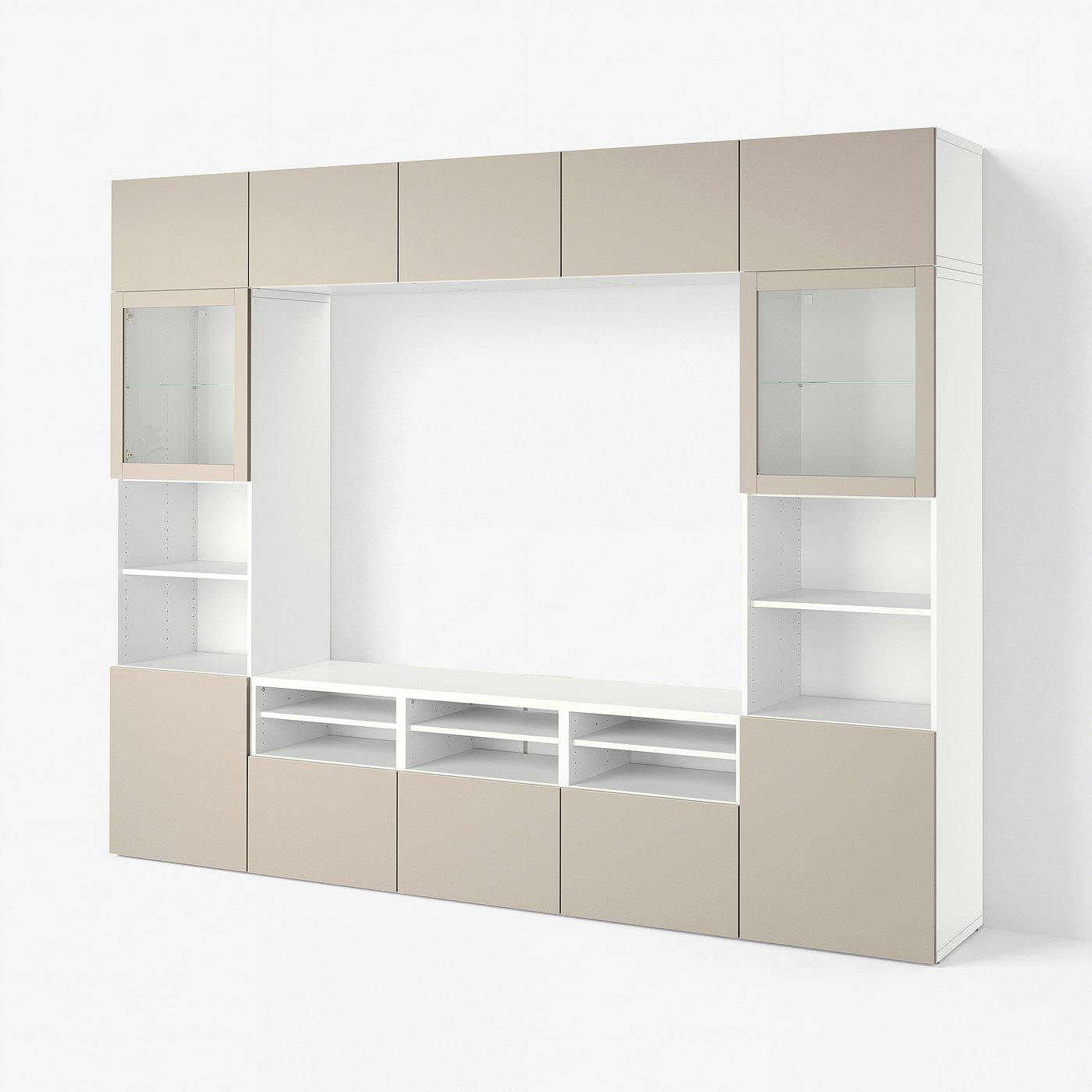 BESTÅ TV storage combination/glass doors - white Sindvik/Lappviken light grey/beige 300x42x231 cm