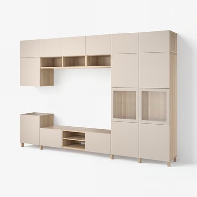 BESTÅ TV storage combination/glass doors, white stained oak veneer Lappviken/Sindvik light grey-beige, 360x42x240 cm