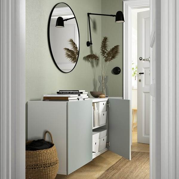 BESTÅ Wall-mounted cabinet combination, white/Hjortviken pale grey-green, 180x42x64 cm