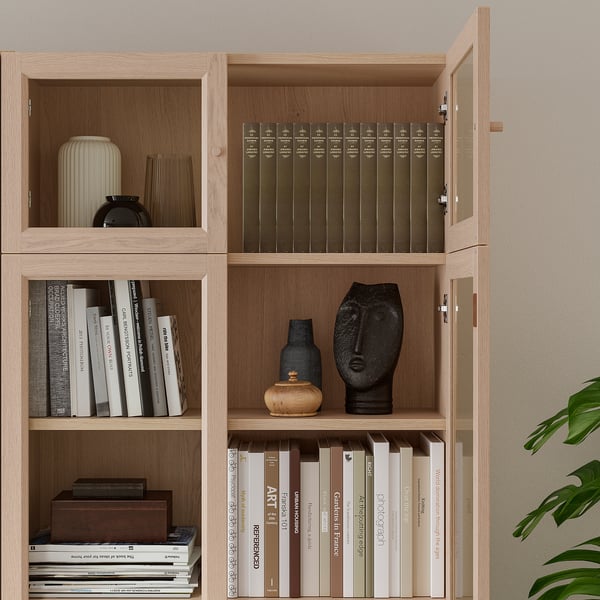 BILLY white stained oak veneer, Bookcase w hght ext ut/pnl/glss drs