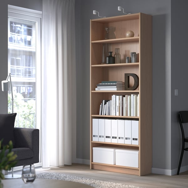BILLY white stained oak veneer, Bookcase, 80x28x202 cm IKEA