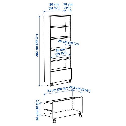 BILLY bookcase with drawer, white, 80x30x202 cm IKEA