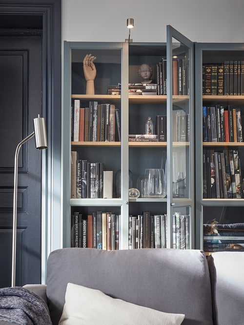 BILLY Bookcase with glassdoors, greyturquoise/white stained oak