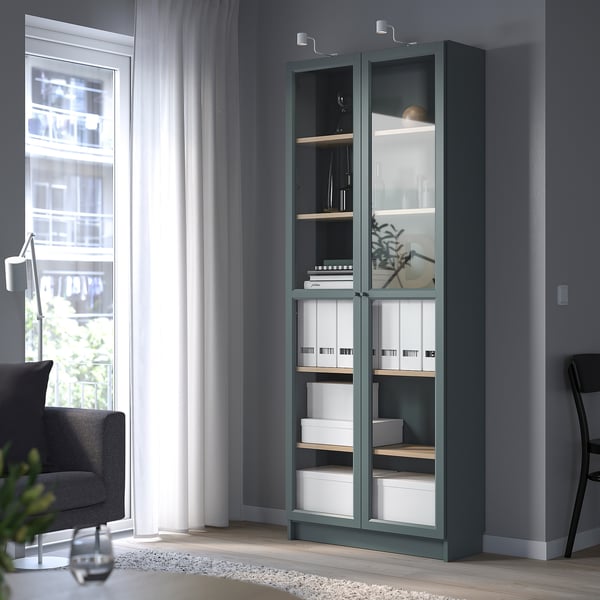 BILLY Bookcase with glassdoors, greyturquoise/white stained oak