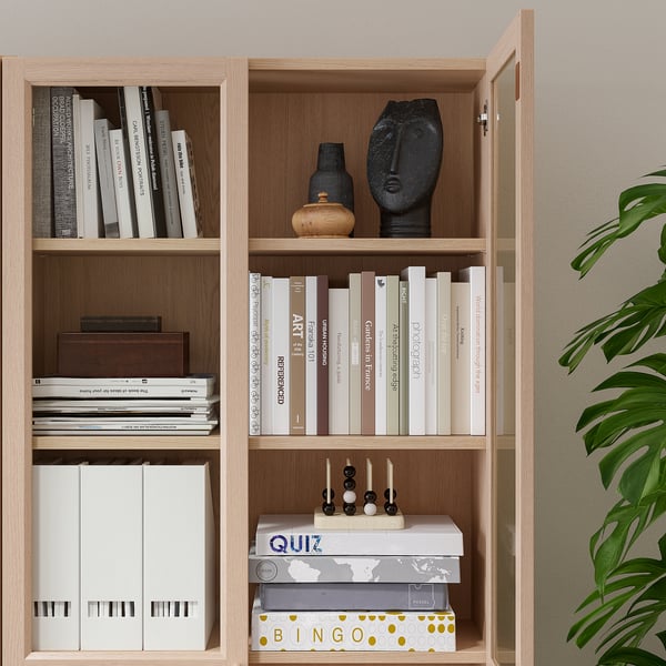 BILLY white stained oak veneer, Bookcase with panel/glass doors