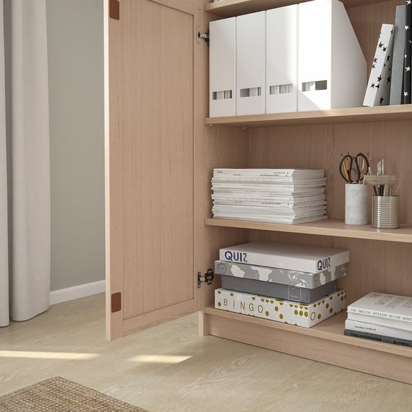 BILLY white stained oak veneer, Bookcase with panel/glass doors