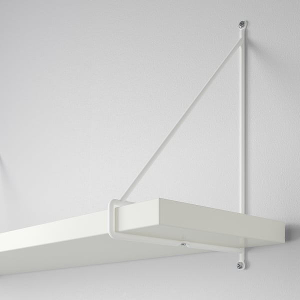 Minimalist wall-mounted shelf, white, sturdy metal brackets, adjustable position.