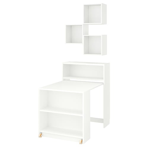White BILLY bookcase with foldable desk and wall-mounted cubes. Modern, minimalist design for efficient space use.
