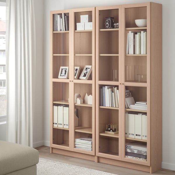 BILLY / OXBERG white stained oak veneer, glass, Bookcase combination