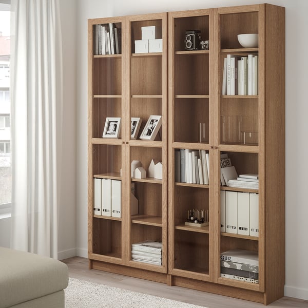 BILLY / OXBERG Bookcase, oak veneer/glass, 160x30x202 cm IKEA