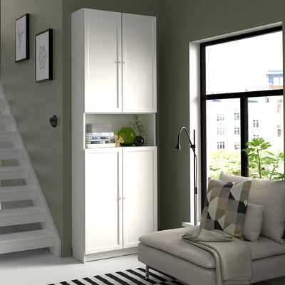 BILLY / OXBERG Bookcase w doors/extension unit, white, 80x30x237 cm