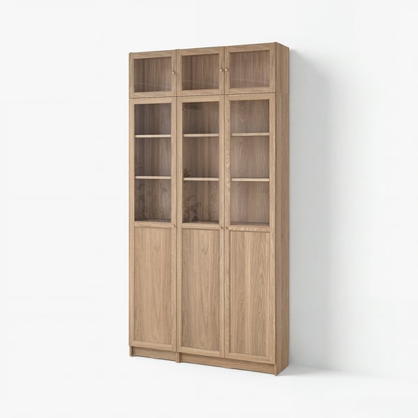 BILLY / OXBERG Bookcase w hght ext ut/pnl/glss drs, oak effect/clear glass, 120x30x237 cm