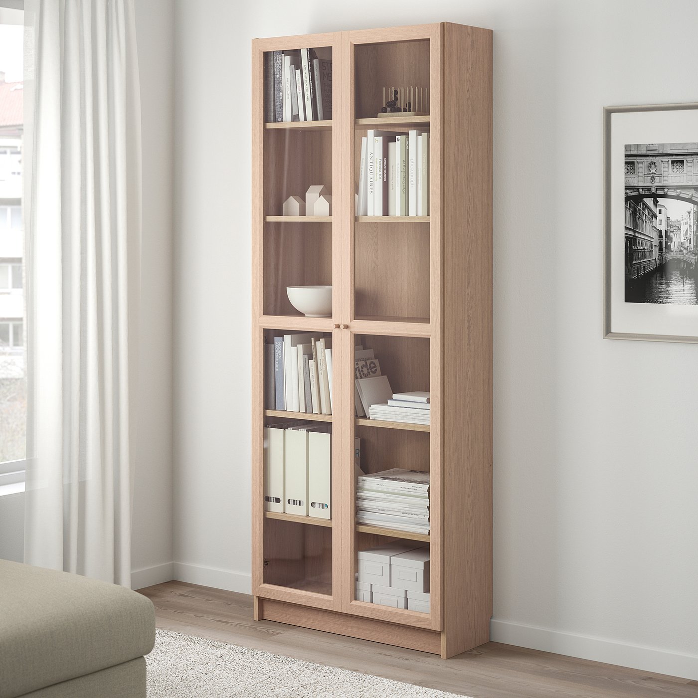 Billy Oxberg Bookcase With Glass Door White Stained Oak Veneer