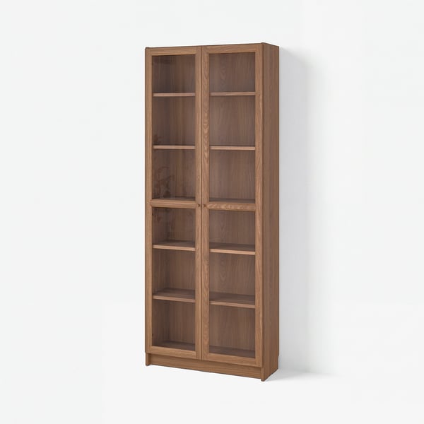 BILLY / OXBERG Bookcase with glass doors, brown walnut effect, 80x30x202 cm