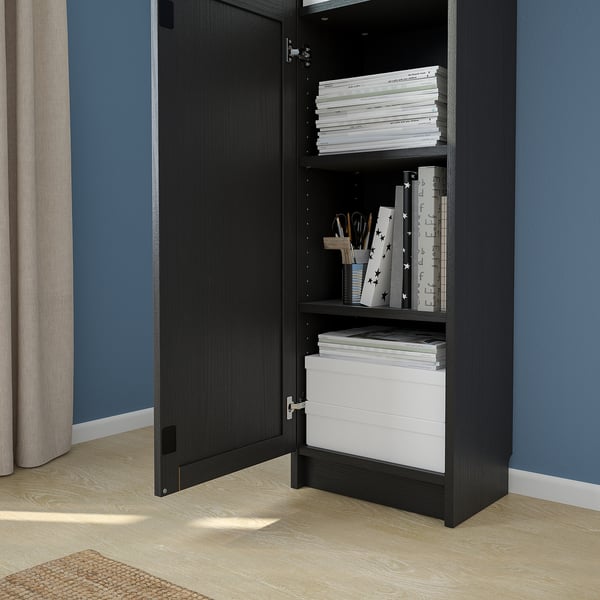 BILLY / OXBERG Bookcase with panel/glass door, blackbrown/glass
