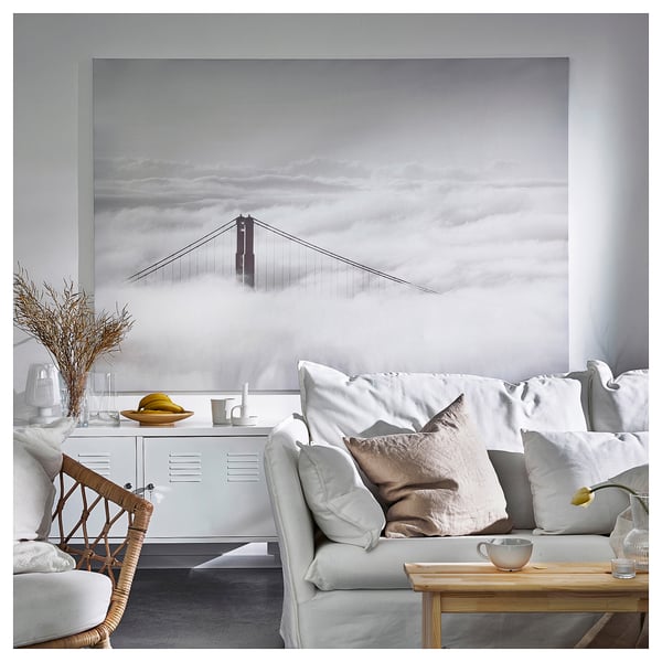 BJÖRKSTA Picture with frame, bridge and clouds/aluminium-colour, 200x140 cm