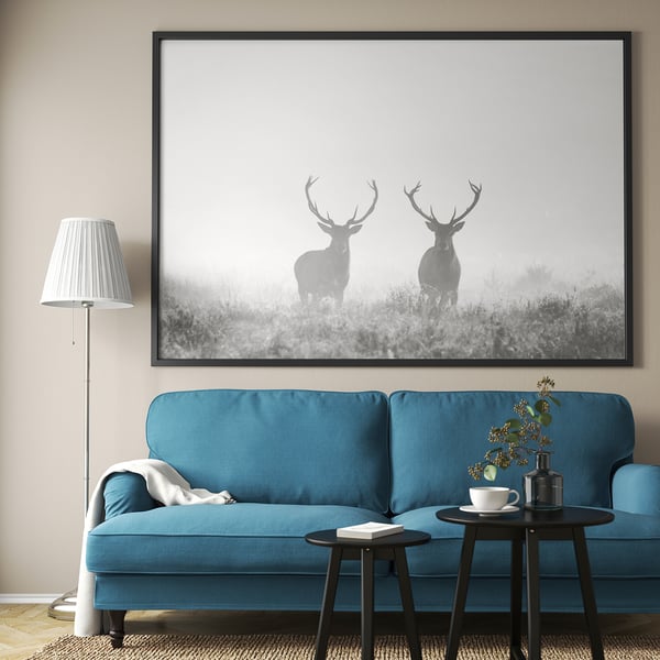 BJÖRKSTA Picture with frame, Deers in fog/black, 200x140 cm