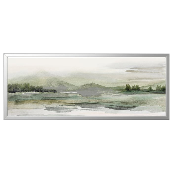 BJÖRKSTA picture with frame, green nature/aluminiumcolour, 140x56 cm