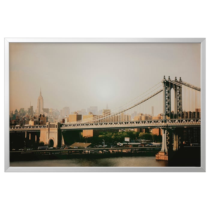 BJÖRKSTA picture with frame, Manhattan Bridge/aluminiumcolour, 118x78