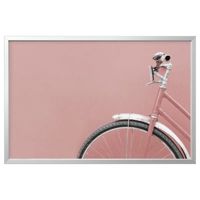 BJÖRKSTA Picture with frame, pink bicycle/aluminium-colour, 118x78 cm