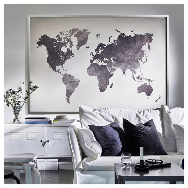 BJÖRKSTA Picture with frame, the world/aluminium-colour, 200x140 cm