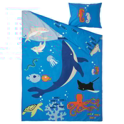 BLÅVINGAD Duvet cover and pillowcase, ocean animals pattern/multicolour, 150x200/50x80 cm