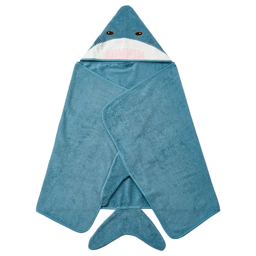 Blue shark-shaped kids towel, soft cotton, hood with eyes and mouth.