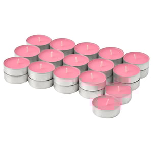 Pink candles in metallic containers, arranged in a cluster. There are 20 in total, some stacked, others not.