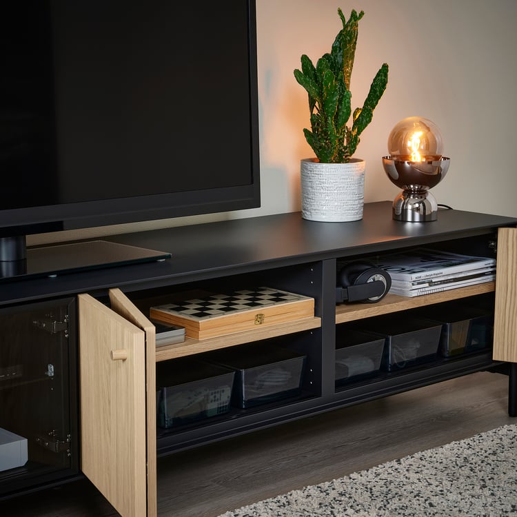 BOASTAD TV bench, black/oak veneer, 181x42x45 cm IKEA