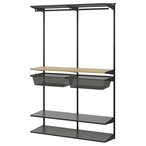 An IKEA BOAXEL dark grey wall-mounted storage system with shelves, hanging rail, and mesh baskets.