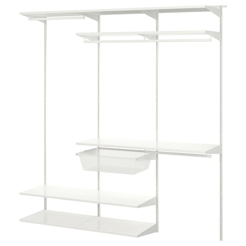 White metal closet system with shelves and hanging rod.