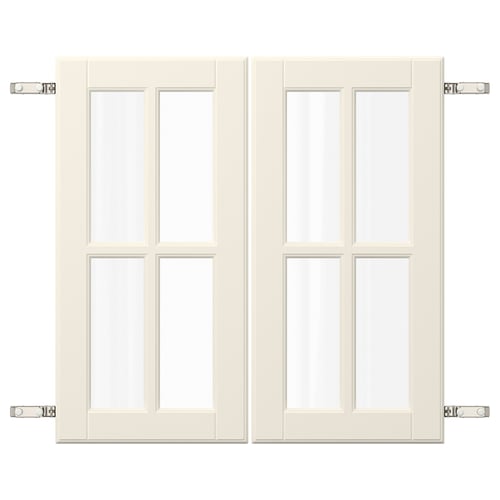 A pair of white BODBYN kitchen cabinet doors. They are rectangular with a panel design, featuring glass inserts.
