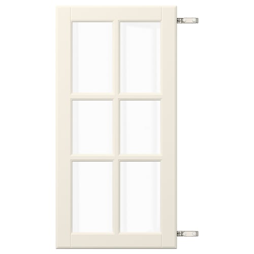 A BODBYN cream-colored, rectangular glass door with a six-pane design. It fiberboard and tempered glass, with nickel-plated hinges.
