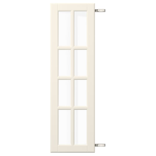 BODBYN door, white fiberboard, tempered glass, six rectangular panels, right-hand hinge.