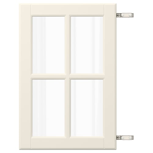 BODBYN: cream, fibreboard door with framed glass panels, two hinges.
