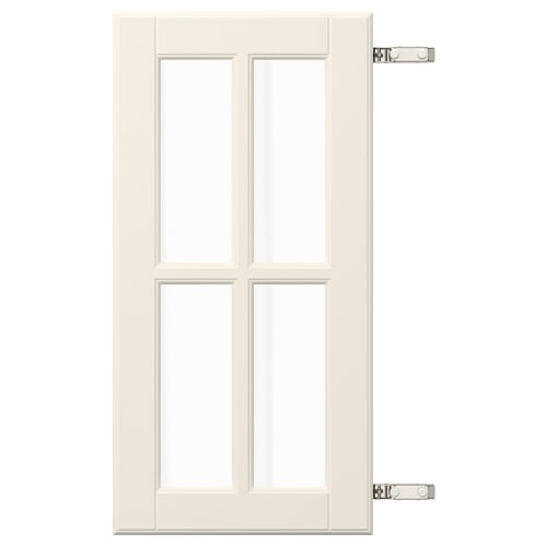 A white BODBYN glass door with a modern design. It has two glass panels and is equipped with nickel-plated hinges.