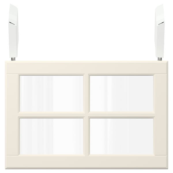White cabinet with glass doors, nickel hinges. Modern design for storage.