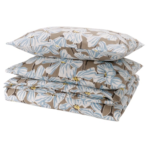 Folded BÖNTRÄD bedding, light blue floral pattern, recycled cotton.