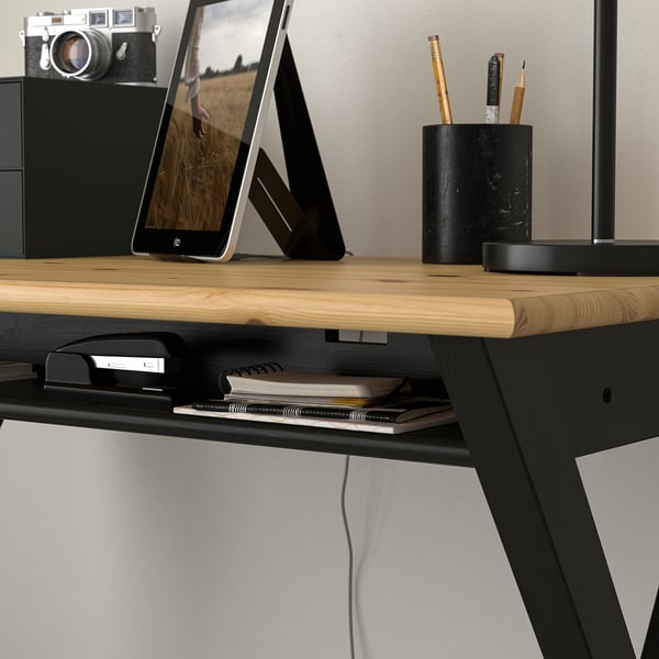 BOLLPOJKE Desk, pine/black, 90x55 cm