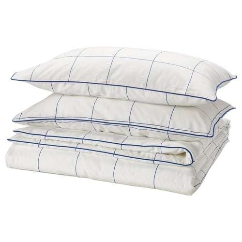 BREDVECKLARE white bedding set, blue trim, grid pattern, cotton-viscose, rectangular, smooth finish.