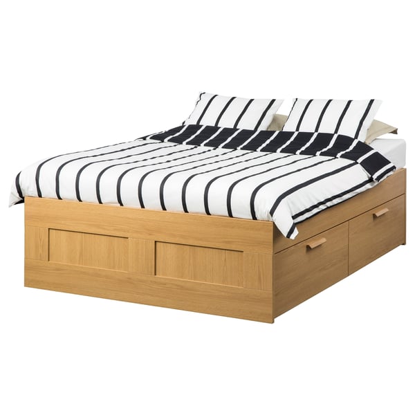Brimnes Bed Frame With Storage Oak Effect Standard King Ikea I have seen other examples online whether people have used sideways bookcases or chests of drawers and stacked their bed frames on top but i'm unsure of how load bearing those are. brimnes bed frame with storage oak effect standard king