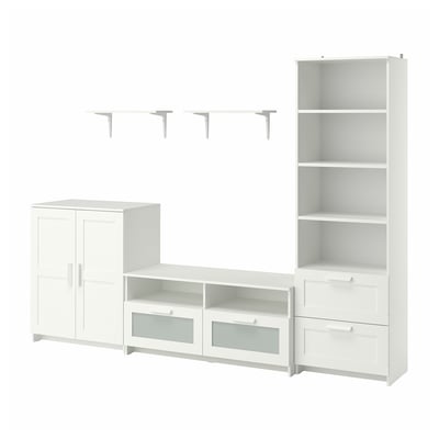 BRIMNES furniture set: white, wood & glass, modern & clean design, includes tv bench, cabinets, shelves & bookcase.