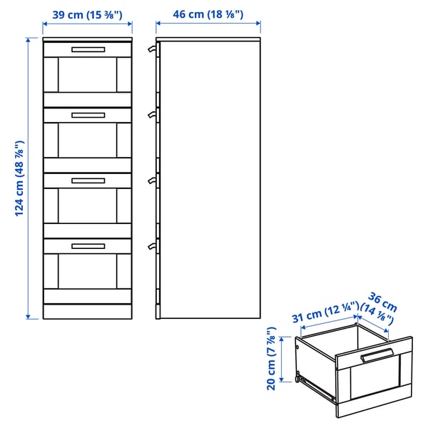 BRIMNES Chest of 4 drawers, white/frosted glass, 39x124 cm