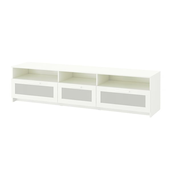 A white BRIMNES tv bench with glass doors and open shelves, ideal for organising tv accessories.