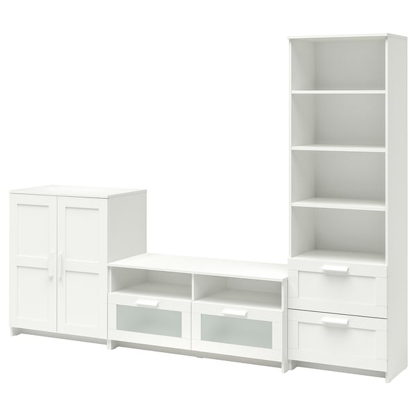 Three-piece white tv storage combo. Includes cabinet with doors, drawer unit, and bookcase. Modern design with adjustable shelves and drawers.