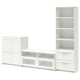 Three-piece white tv storage combo. Includes cabinet with doors, drawer unit, and bookcase. Modern design with adjustable shelves and drawers.