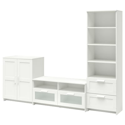 Three-piece white tv storage combo. Includes cabinet with doors, drawer unit, and bookcase. Modern design with adjustable shelves and drawers.