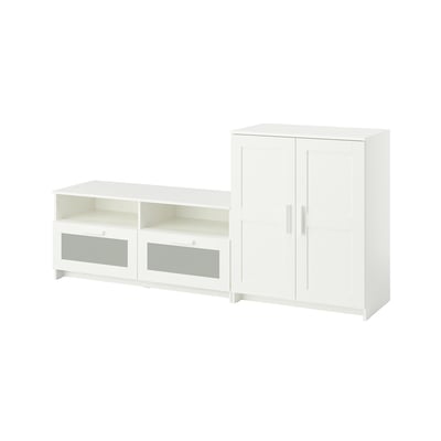 White BRIMNES tv unit, cabinet, glass doors, modern minimalist style.