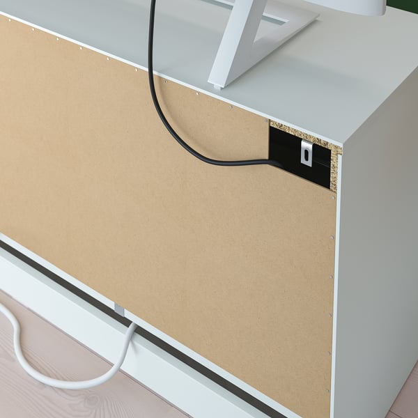 White tv bench with corkboard back, adjustable shelves, and cable management.